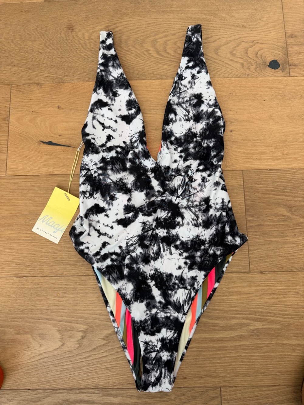 Maaji Reversible Black & White Tie-Dye One-Piece with Striped second side NWT